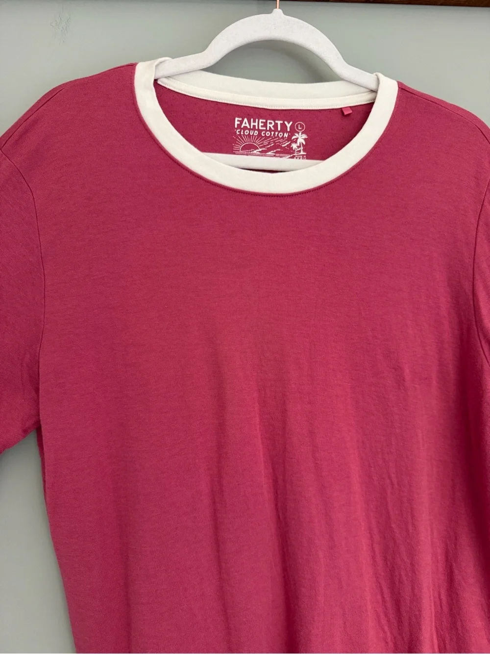 Faherty Berry Pink White Varsity Stripe Cloud Cotton Ringer Tee Shirt - Picture 5 of 16